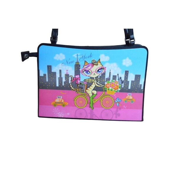 Vintage Y2K New York Cat Print Shoulder Bag With Black Straps Zipper Closure - Picture 2 of 8